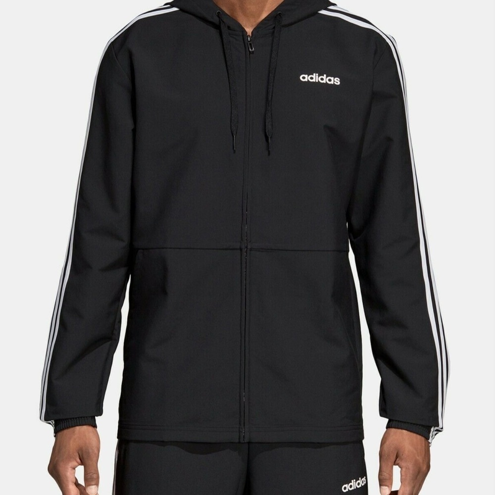 Adidas Men's Black Windbreaker with White Stripes Size 2xl Sporty Style